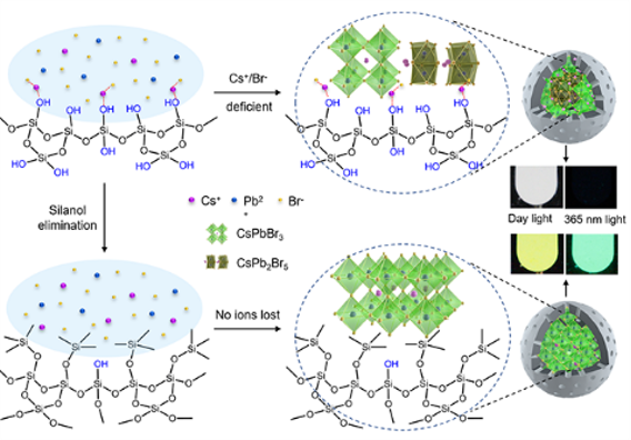 科研进展 |去硅羟基化抑制缺陷与杂质相的形成提升介孔硅限域的钙钛矿纳米晶荧光效率